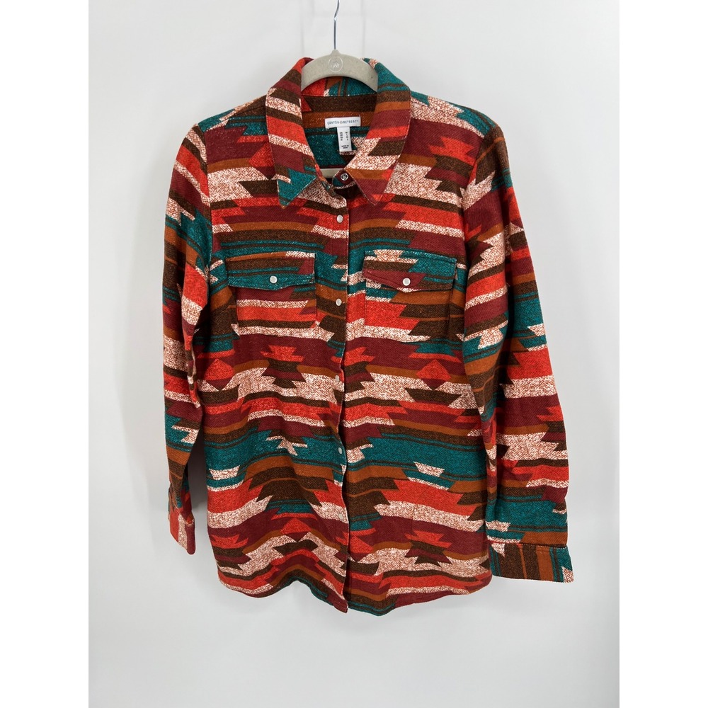 Canyon Retreat Southwestern Snap Front Shirt Rust Teal Geometric Med NWOT